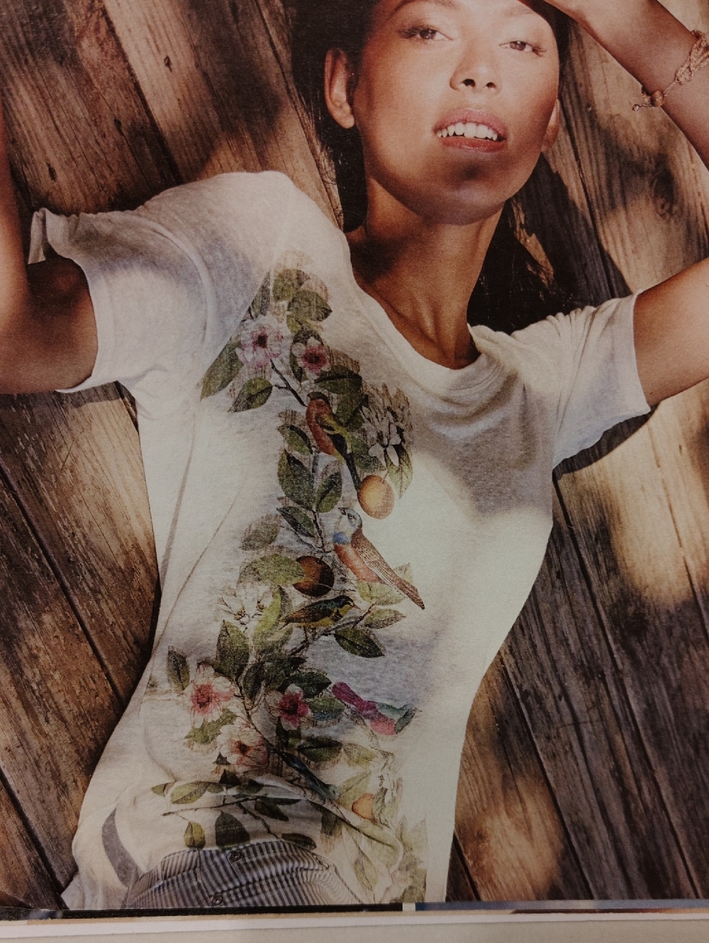 Anthropologie Cream Short-Sleeve Tee with Botanical Bird Motif